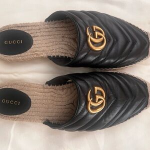 Gucci Marmont, 41,  Black Leather Platform Espadrille with GG